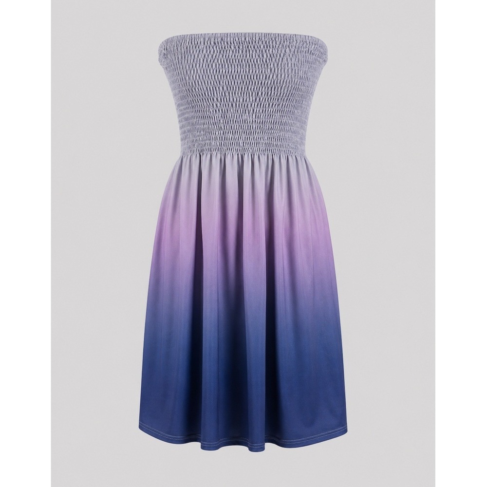 Blue Purple Ombre Smocked‎ Tube Dress Strapless Midi Summer Beach Sun Dress
